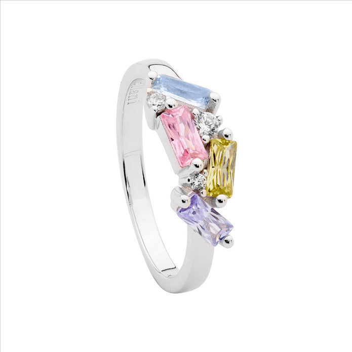 Ellani Sterling Silver Multi Coloured Cz Cluster Ring