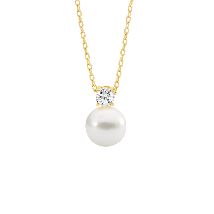 Ellani Sterling Silver Ygp 4mm Cz And Pearl Pendant