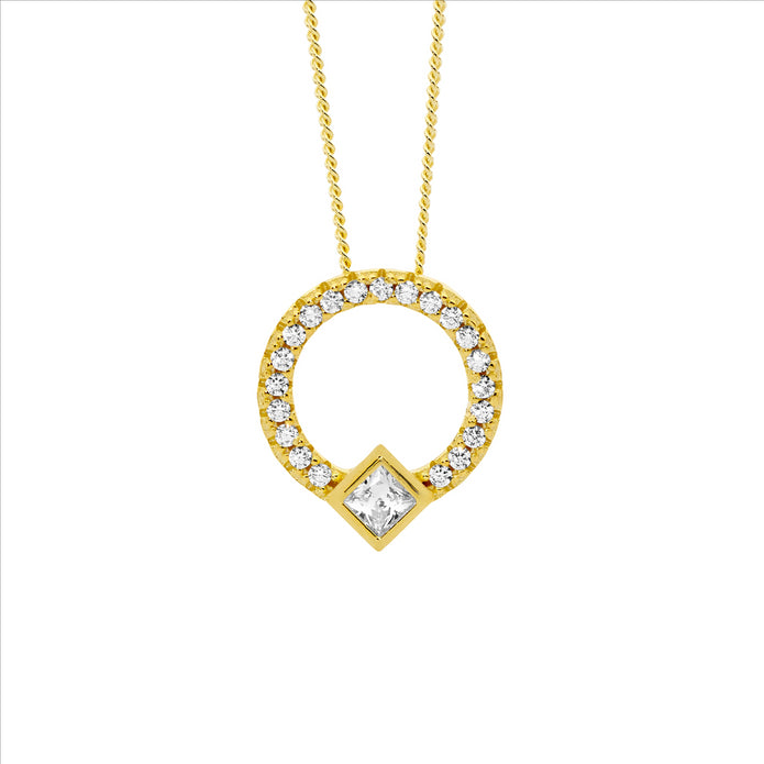 Ellani P877gp Ellani Sterling Silver Gold Plated White Cz 13mm Open Circle Pendant With Princess Cut Bezel Set.