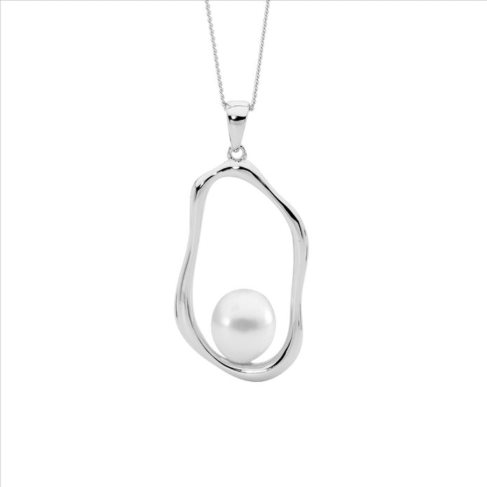 Ellani Sterling Silver Pearl Open Wave Pendant