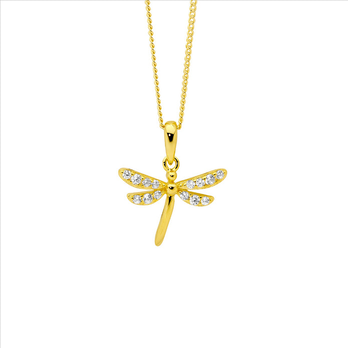 Ellani Sterling Silver Gp Cz Dragonfly Pendant