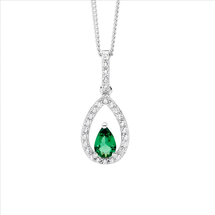 Sterling Silver Green CZ Tear Drop Pendant