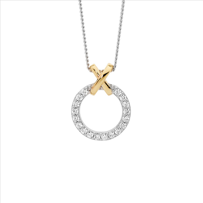 Sterling Silver YGP CZ Circle 'X' Pendant