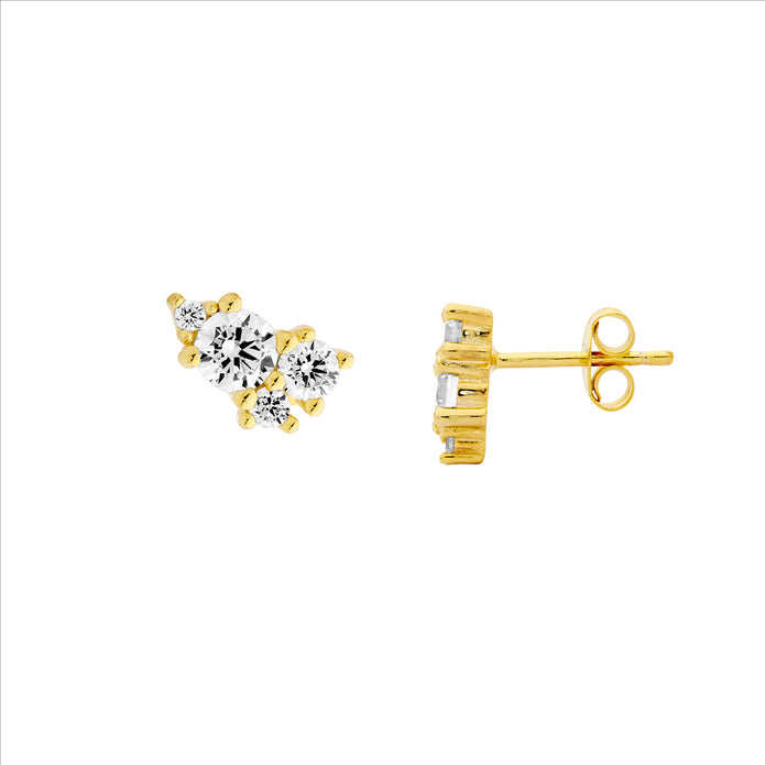 Ellani Sterling Silver Gp Cz Cluster Stud Earrings