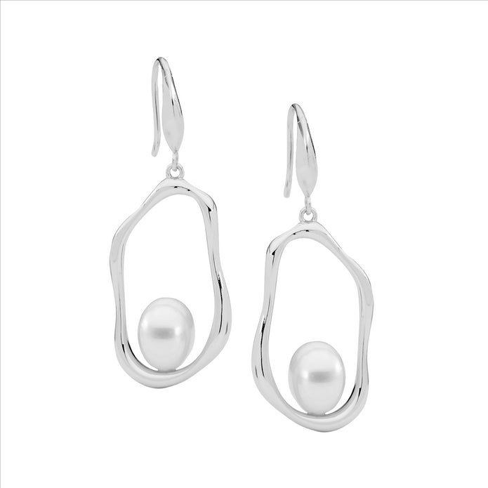 Ellani Sterling Silver Pearl Open Wave Drop Earrings