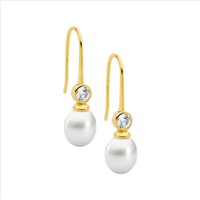 Ellani Sterling Silver Gp Cz Pearl Drop Earrings