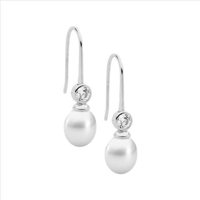 Ellani Sterling Silver Cz Pearl Drop Earrings 2
