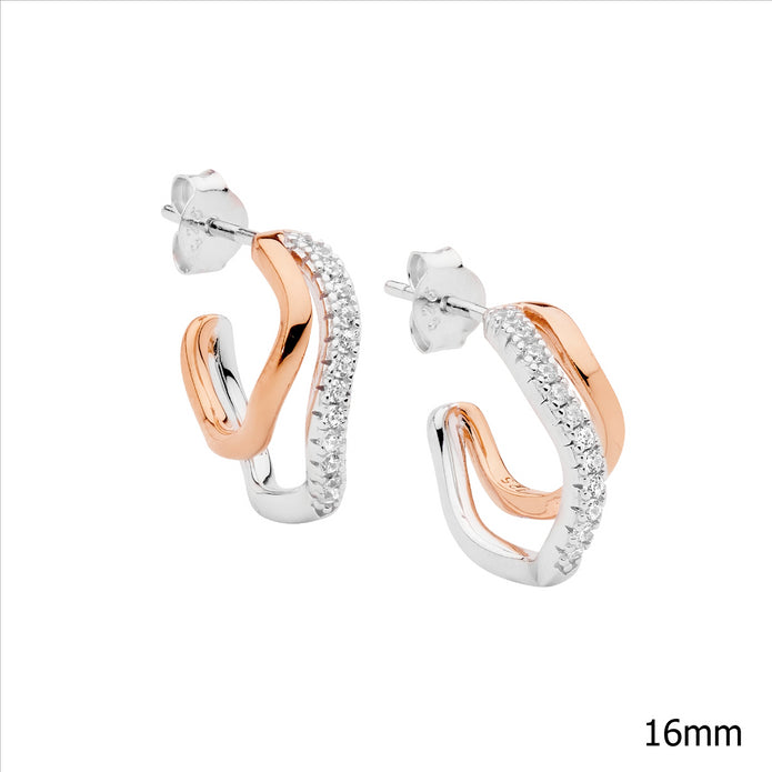 Sterling Silver RGP Double Wave CZ Hoop Earrings