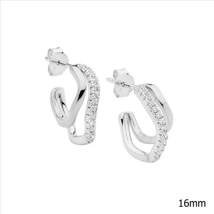 Sterling Silver Double Wave CZ Hoop Earrings