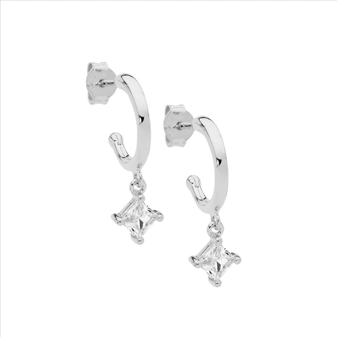Sterling Silver CZ Hoop Drop Earrings