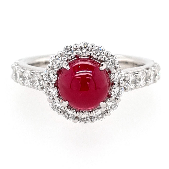 Platinum Round Cabochon Cut Greenland Ruby And Diamond Ring