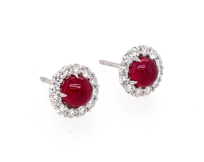 Platinum Diamond Earrings Four Claw Set With A Total Of Two Round Cabochon Greenland Rubies With A Total Carat Weight Of 1.49 Carats Colour Pinkish Re
