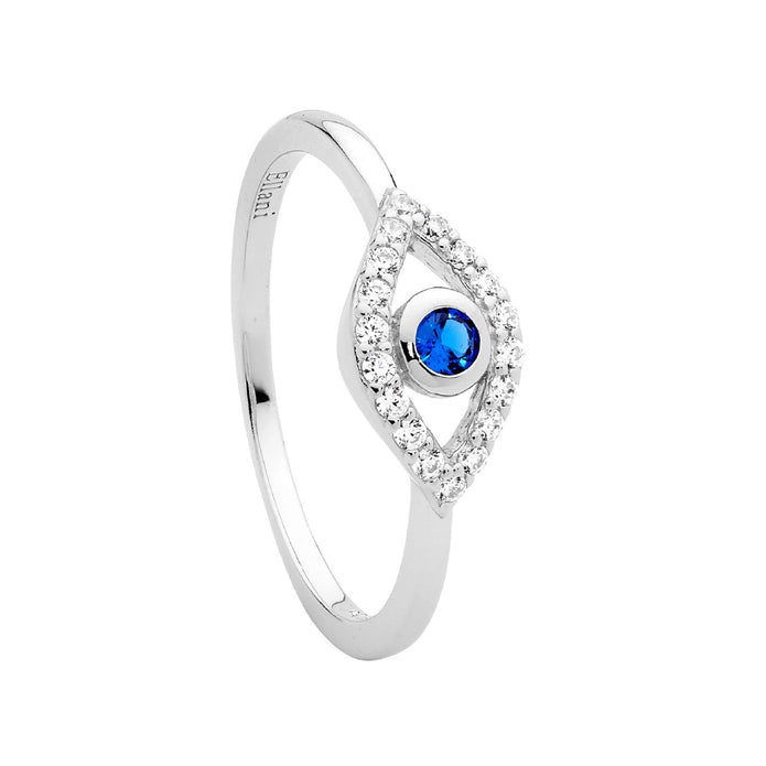 Ellani Sterling Silver White And Blue Cz Evil Eye Ring