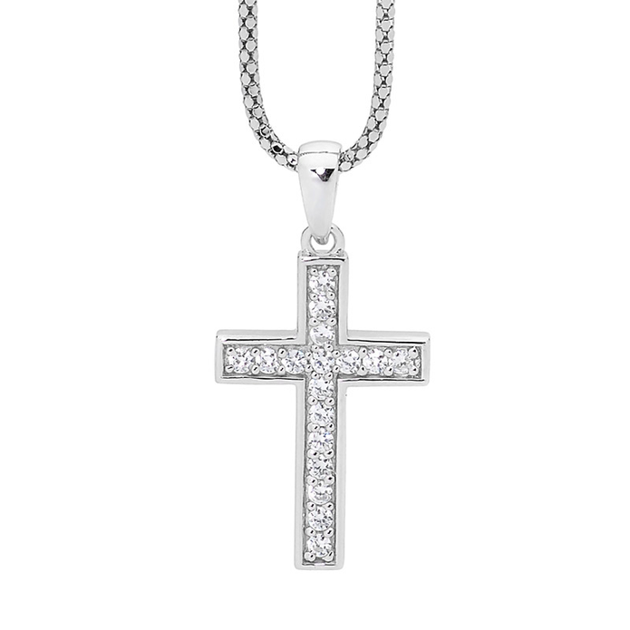 Ellani P639 Ellani Sterling Silver White Cz Cross Pendant.