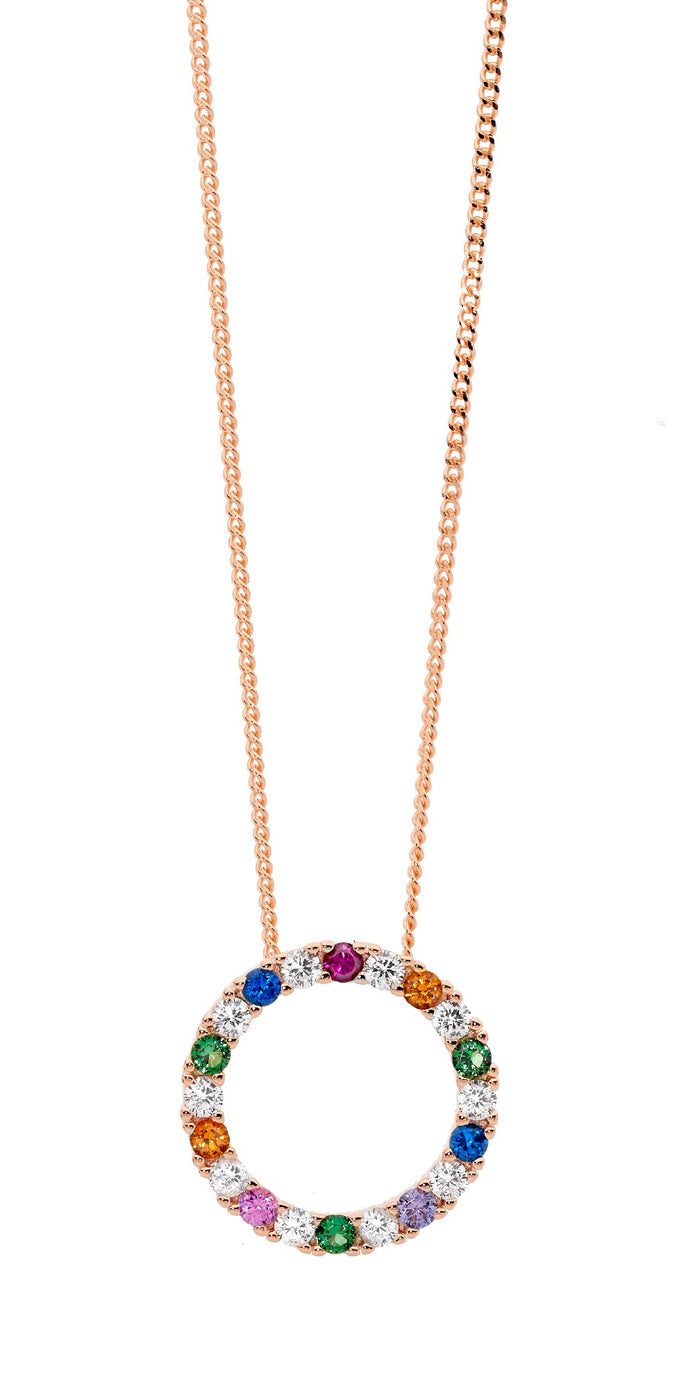 Ellani P875r Ellani Sterling Silver Rose Gold Plated Cz Multi Coloured Circle Pendant.