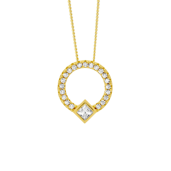 Ellani P877gp Ellani Sterling Silver Gold Plated White Cz 13mm Open Circle Pendant With Princess Cut Bezel Set.
