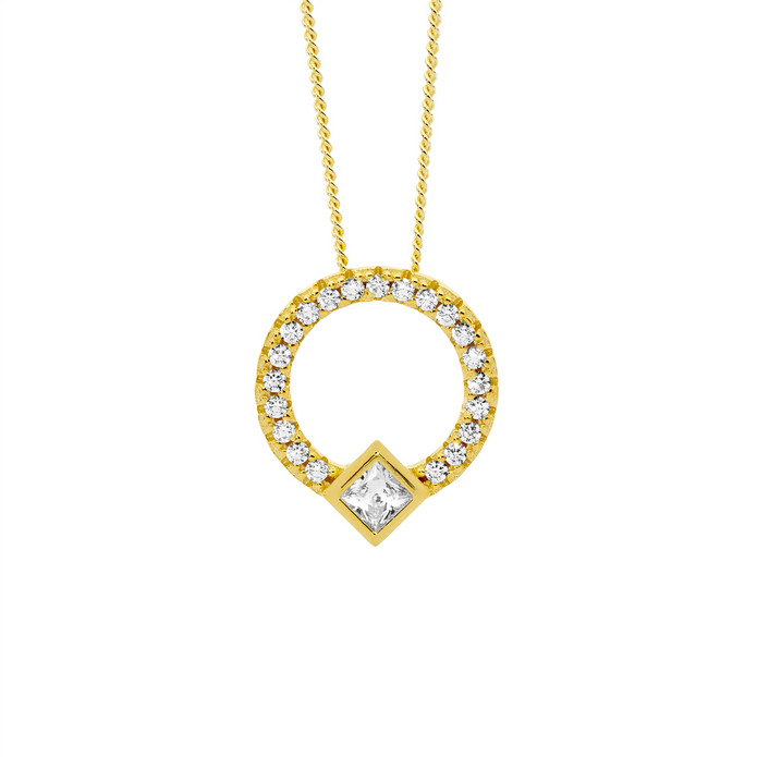 Ellani P877gp Ellani Sterling Silver Gold Plated White Cz 13mm Open Circle Pendant With Princess Cut Bezel Set.