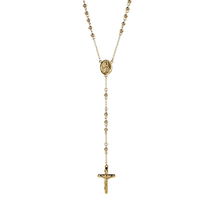 Ion Plated 14k Yellow Gold Stainless Steel Rosery Bead Cross Pendant