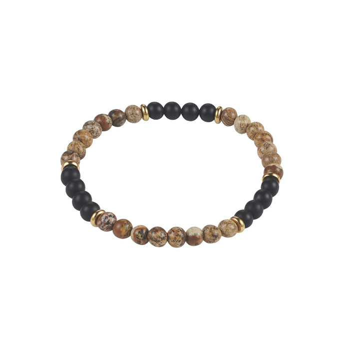 6mm Tan Jasper And Onyx Stone Beaded Stainless Steel Bracelet.