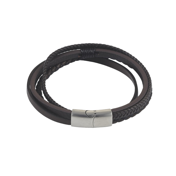 Dark Brown Multi Strand Leather And Stainless Steel Bracelet