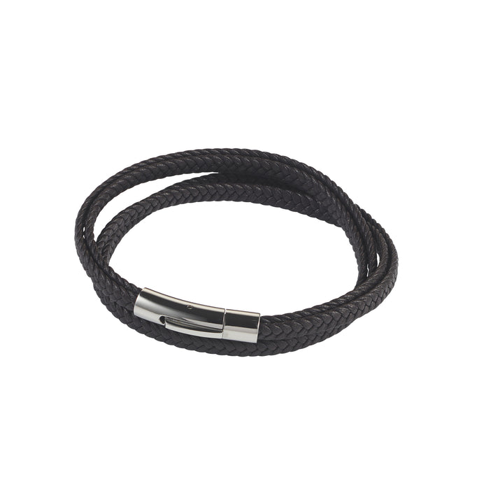 Stainless Steel And Black Leather Double Strand Bracelet