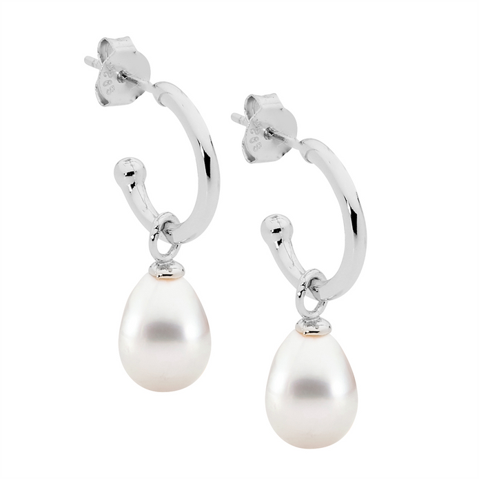 Ellani Sterling Silver Freshwater Pearl And 13mm Hoop Earrings
