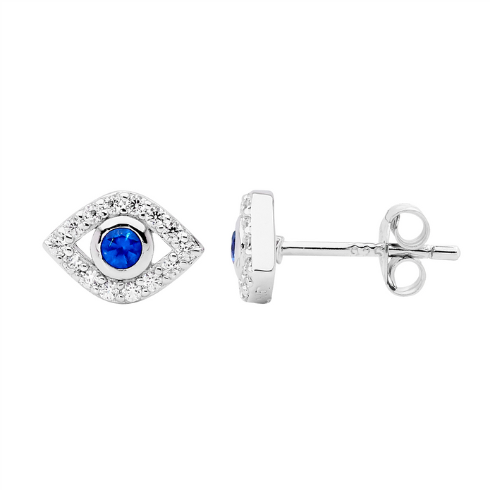 Ellani Sterling Silver Cz Evil Eye Stud Earrings