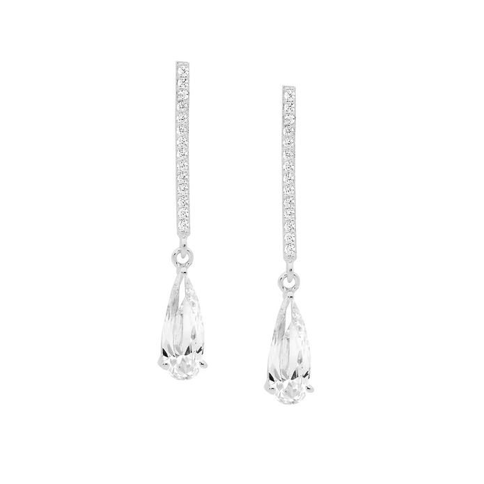 Ellani Sterling Silver White Cz Drop Bar Earrings