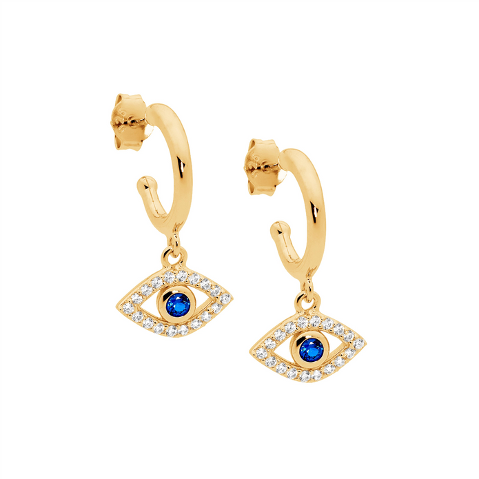 Ellani Sterling Silver Gp Cz Evil Eye Drop Earrings