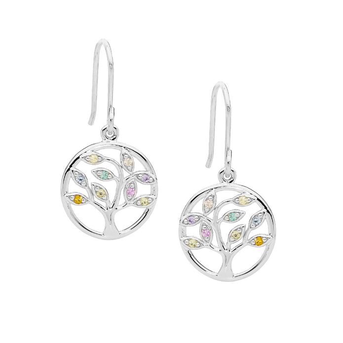 Ellani Sterling Silver Multi Coloured Cz Tree Of Life Earrings