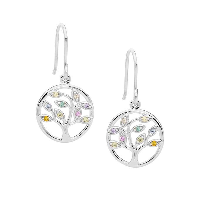 Ellani Sterling Silver Multi Coloured Cz Tree Of Life Earrings