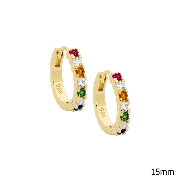 Ellani Sterling Silver Ygp 14mm Multi Coloured Cz Hoop Earrings