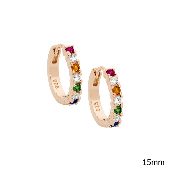 Ellani Sterling Silver Rgp 14mm Multi Coloured Cz Hoop Earrings