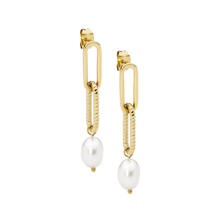 Ellani Stainless Steel Ygp Paperclip Freshwater Pearl Drop Earrings