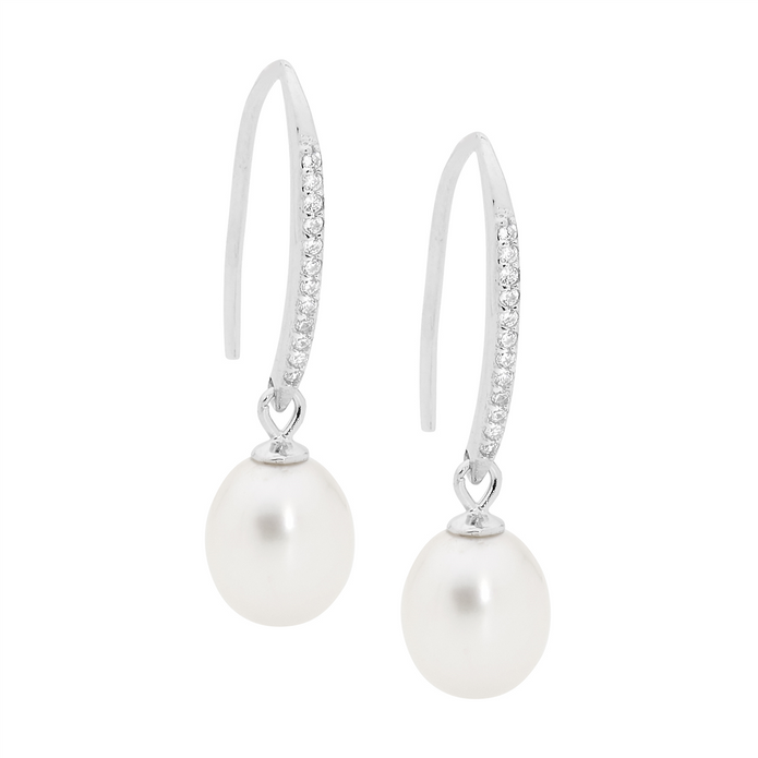 Ellani Sterling Silver Cz Pearl Drop Earrings