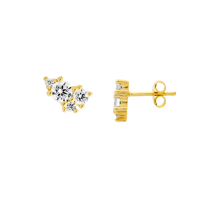 Ellani Sterling Silver Gp Cz Cluster Stud Earrings