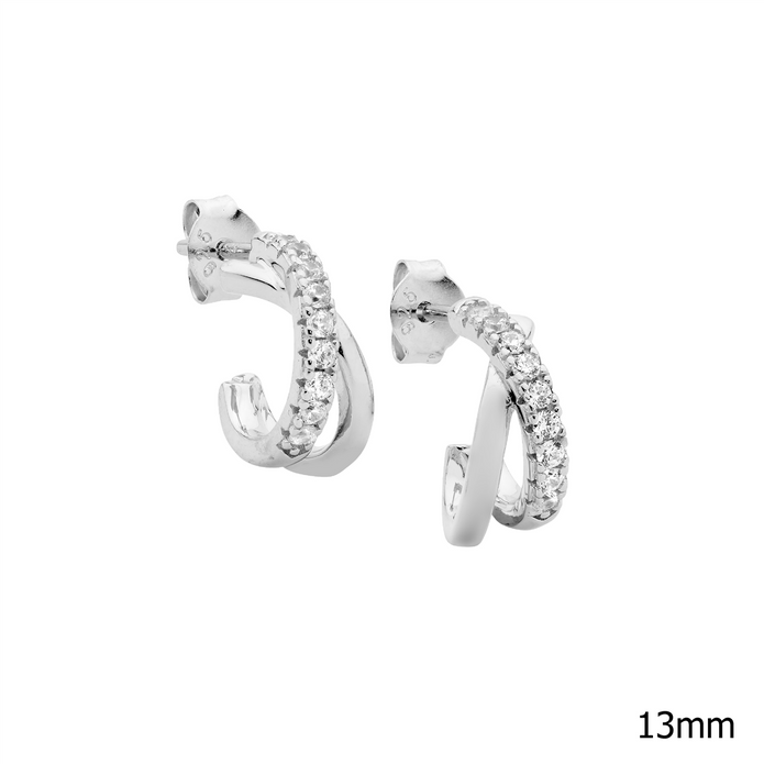 Ellani Sterling Silver Cz 13mm Cross Over Hoop Earrings