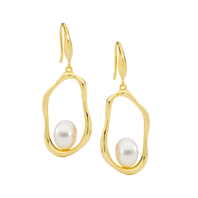 Ellani Sterling Silver Gp Pearl Open Wave Drop Earrings