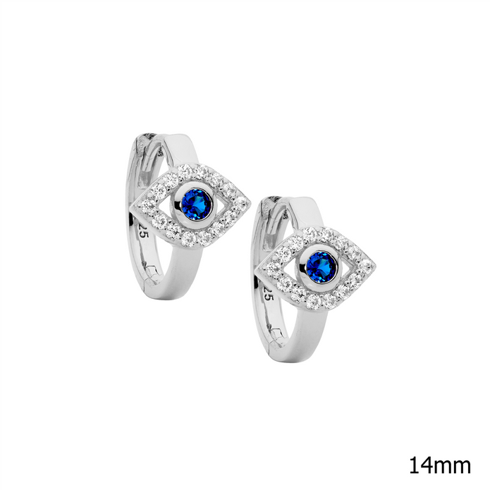 Ellani Sterling Silver 14mm Cz Evil Eye Hoop Earrings