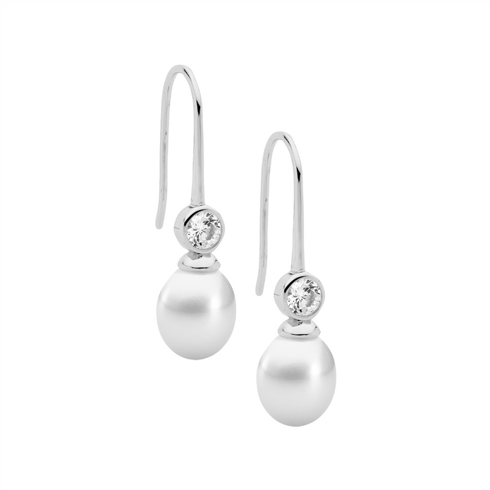 Ellani Sterling Silver Cz Pearl Drop Earrings