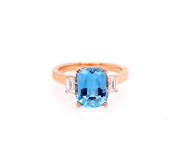 18ct Rose Gold Trilogy Aquamarine And Diamond Ring