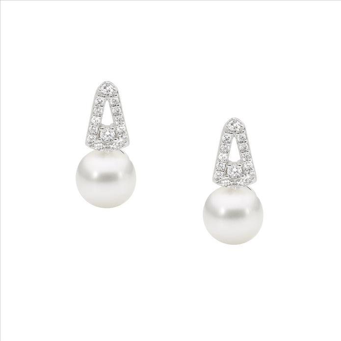 Ellani Sterling Silver White Cz V Freshwater Pearl Stud Earrings