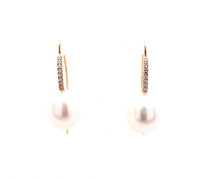 9ct Yellow Gold 11-11.5mm South Sea Pearl and Diamond Drop Earrings