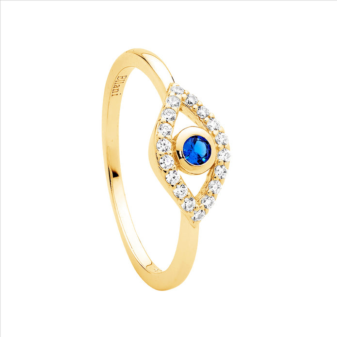 Ellani R509g Ellani Sterling Silver Gold Plated Cz Evil Eye Ring.