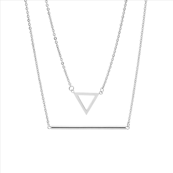 Ellani Stainless Steel Double Chain Open Triangle And Bar Necklace