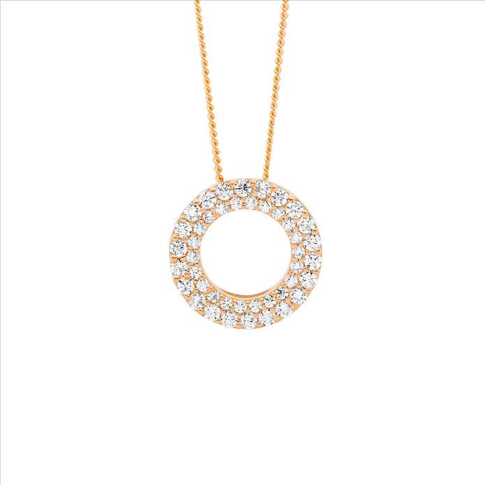 Ellani Sterling Silver Rgp 13mm Double Row Cz Circle Pendant