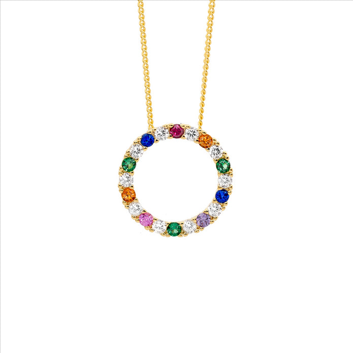 Ellani P875g Ellani Sterling Silver Gold Plated Multi Coloured Cz Circle Pendant.