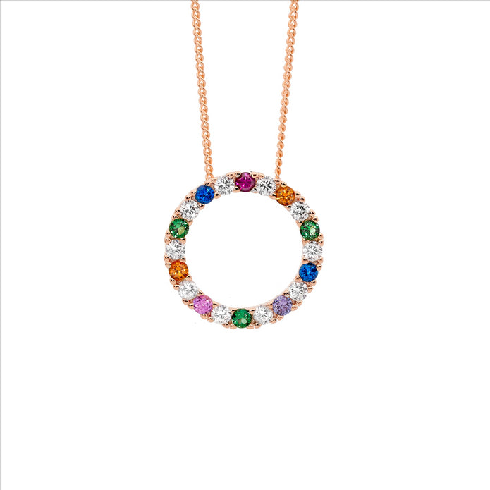 Ellani P875r Ellani Sterling Silver Rose Gold Plated Cz Multi Coloured Circle Pendant.