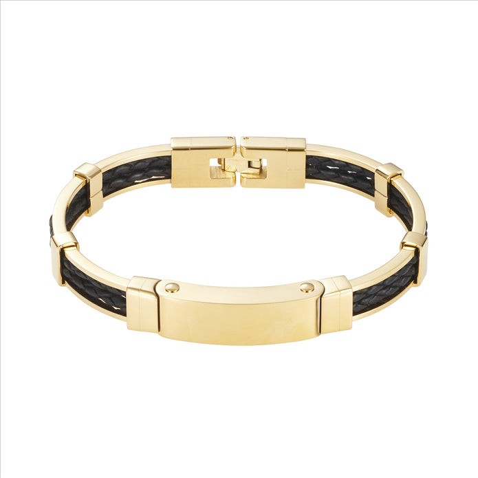 640-29gmw Cudworth Ip Gold/stainless Steel Black Leather Bracelet