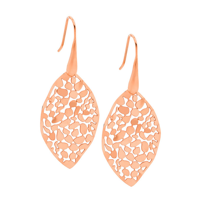 Ellani Se222r Ellani Stainless Steel Rose Gold Plated 35mm Leaf Drop Earrings.